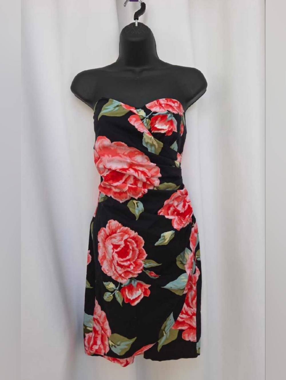 Strapless Black Floral Sheath Dress with Pink Rose Print - Size 9/10 Medium